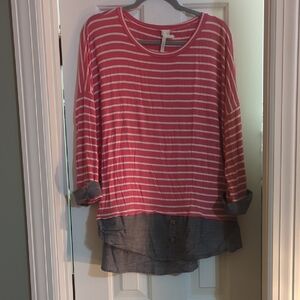 Bellamie Pink and White Striped Crewneck Top with Blue Trim